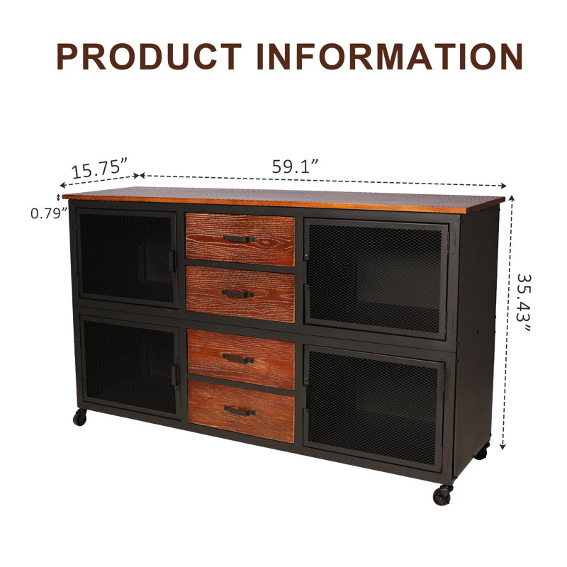 Industrial Style Storage Cabinet With Casters Kitchen Storage Cabinet For Home Against The Wall, Noir / Rouge