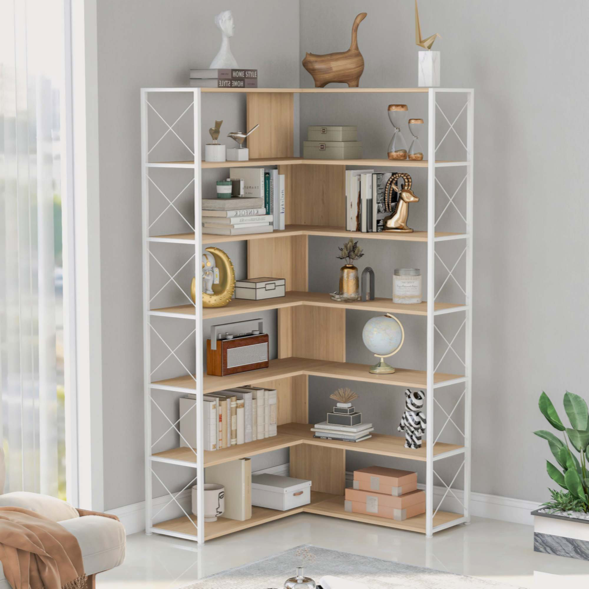 George Oliver Silver+Grey 7-Tier Bookcase Home Office Bookshelf, L ...