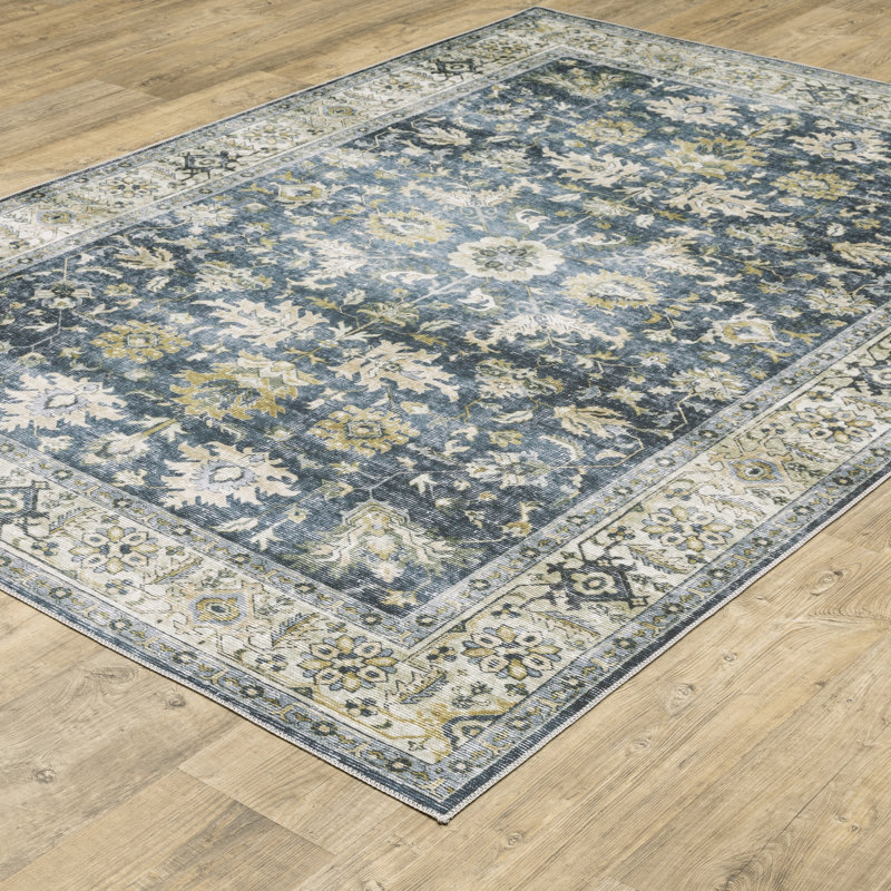 Stankiewicz Machine Washable Performance Non-Skid Blue/Gold Rug Mat, Rectangle 7'6" x 10'