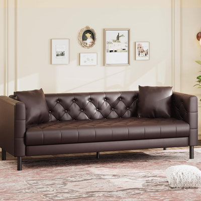 Canapé en cuir 81 po pour salon, canapé en cuir moderne avec assise profonde, canapé capitonné à 3 boutons fait à la main, canapé Chesterfield pour appartement, bureau, noir