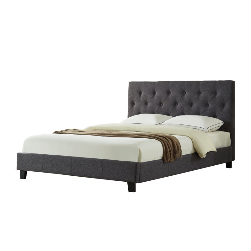Lit plateforme tapissier avec tête de lit capitonnée, aucun sommier requis, moderne, gris anthracite, double, Anthracite