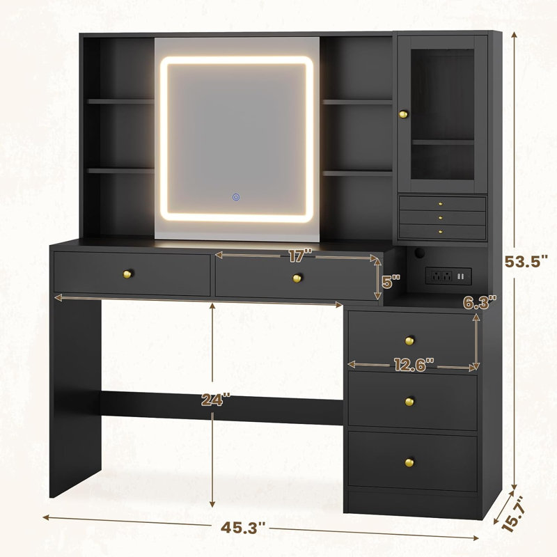 Coiffeuse de maquillage avec lumières et miroir coulissant, coiffeuse avec organisateur de bijoux, armoire en verre et 5 tiroirs, coiffeuse