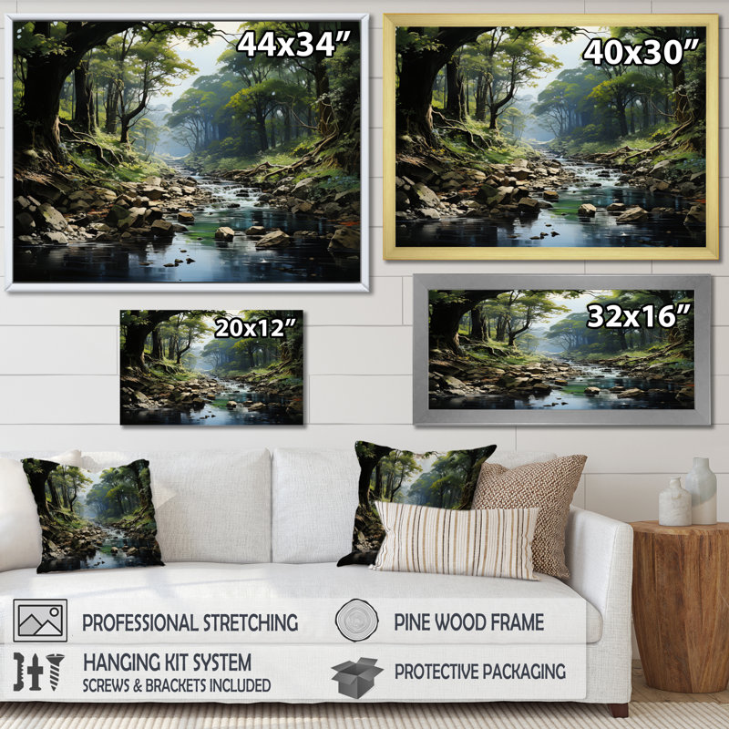 «Gentle River Through Country Charm Forest», art mural forêt fluviale, H 24 po x l 32 po x P 1 po, Cadre flottant blanc