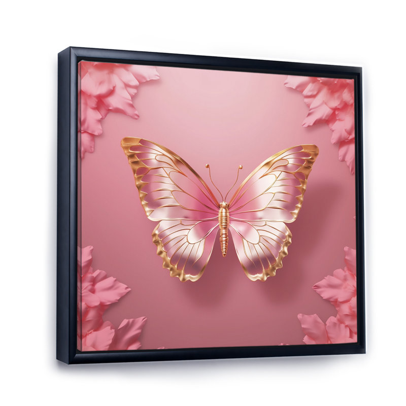 Papillon rose et or II - art mural papillon pour le salon, Cadre flottant noir, H 24 po x l 24 po x P 1 po