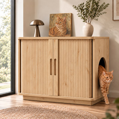 31.5" Cat Litter Box Enclosure, Hidden Litter Box Cabinet Furniture with Sliding Tambour Door