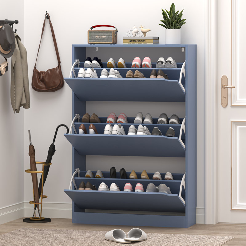 3-Tier Shoe Storage Cabinet with Flip Drawers, 24 Pair Free Standing Shoe Organizer 31.5''W for Entryway, Blue
