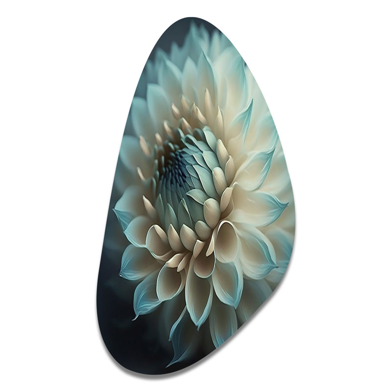 Fleurs de dahlia bleues et blanches V - forme murale irrégulière, impression de sculpture murale en métal asymétrique