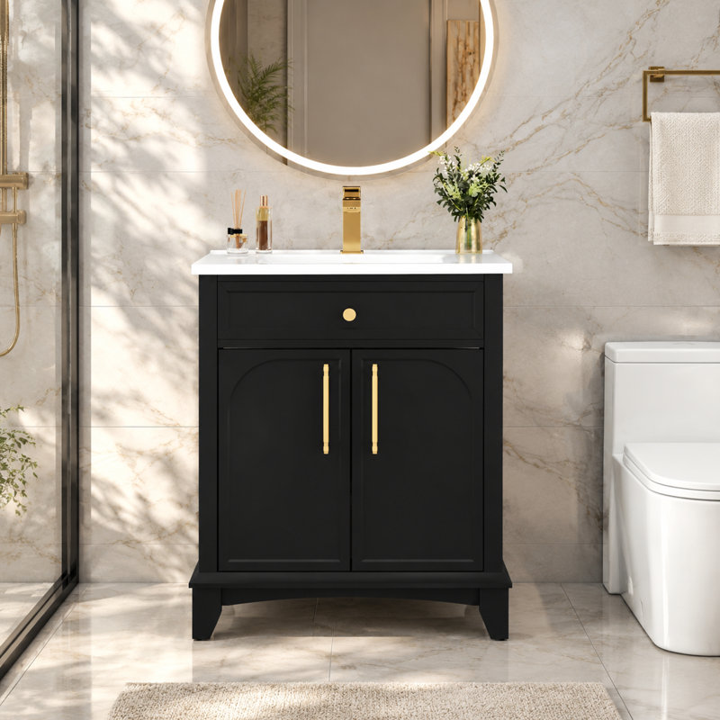 Meuble-lavabo moderne sur pied avec lavabo en céramique intégré et rangement, Noir