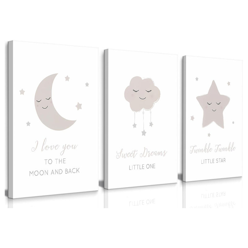 Framed Nursery Wall Art Beige Boho Moon Stars Cloud Canvas Wall Decor Neutral Nordic Baby Gentle And Sweet Cartoon Pictures Prints Posters For Boys Girls Bedroom Kids Room Ready To Hang 16X24inx3