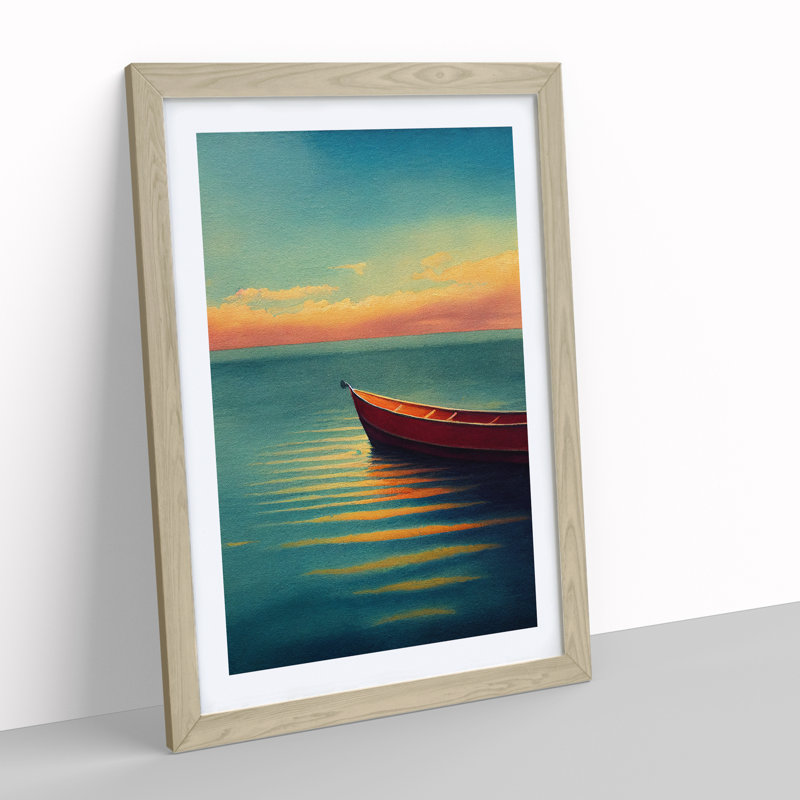 Boat by the Sunrise - Wall Art, 66cm H x 48cm W x 2cm D, Oak Framed, White