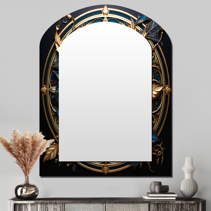 Or et bleu sarcelle fleurs 3D ancien sceau II - Botanicals, miroir décoratif asymétrique, 43 po x 33 po