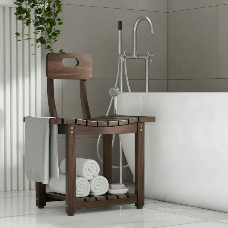 23.3-Inch Shower Chair With Backrest, Non-Slip Footrest, Storage Rack, Built-In Armrests, Suitable For Seniors And Adults, Weight Capacity 450 Lbs, Brown