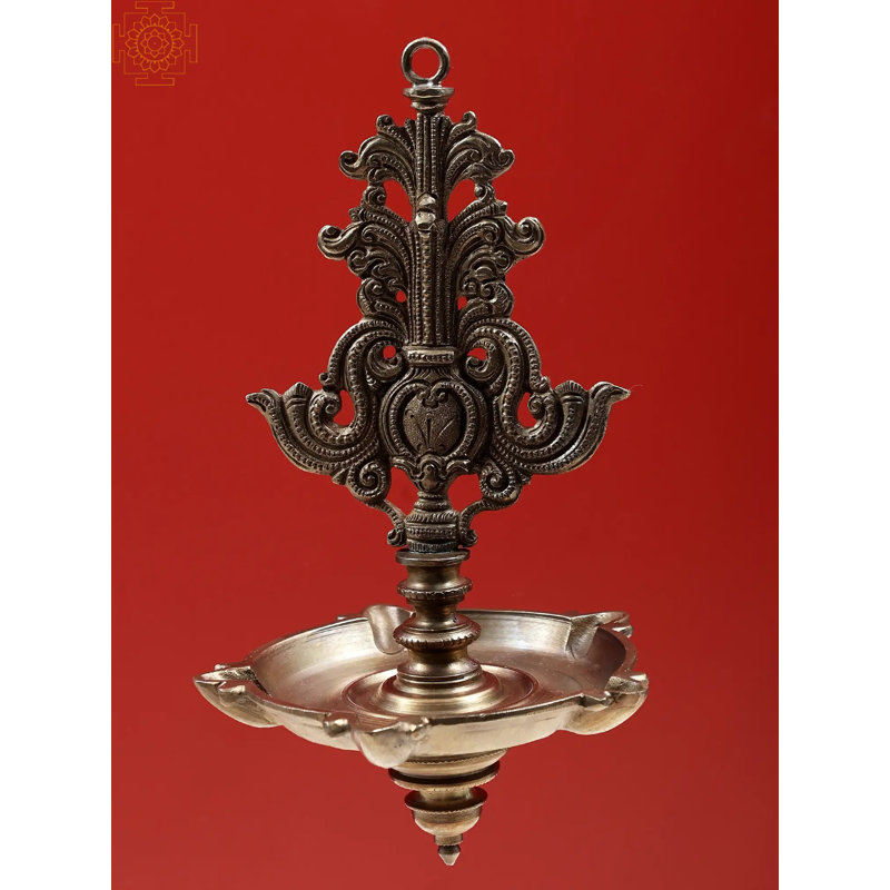 9" Handmade Bronze Hanging Diya – Traditional Hoysala Art, 5-Wick Oil Lamp for Spiritual & Home Décor