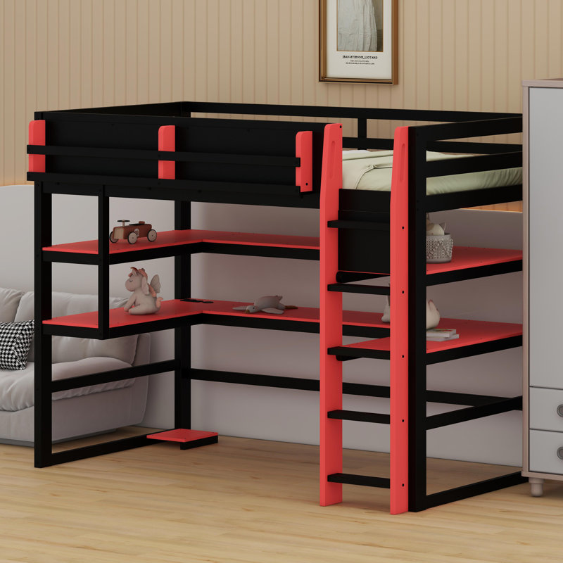 Space-Saving High Sleeper Featuring Built-in Desk, Lateral Storage Unit, Multi-Tier Shelves, and Smart Color-Changing LED System