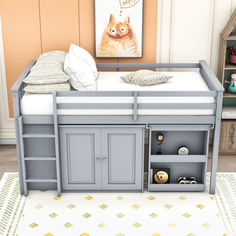 Twin Wood Loft Bed With Storage Cabinet, Drawer And Pulling-Out Desk, Grey