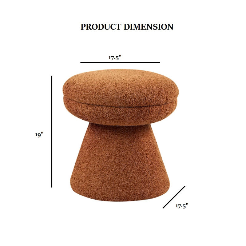 Tabouret décoratif contemporain en forme de champignon avec revêtement en tissu Teddy, tabouret à piédestal brun pour le salon