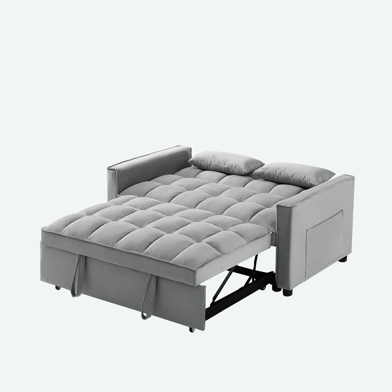 55'' Velvet Convertible Loveseat Sleeper Sofa with Adjustable Backrest, Pull-Out Bed and Pillows, Bluish Gray