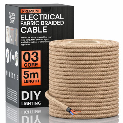 Fil recouvert de tissu rond de 16,4 pi, fil électrique recouvert de tissu doré 18/3, cordon de lampe en tissu à 3 fils de calibre 18, câble tressé à 3 brins Vintage.