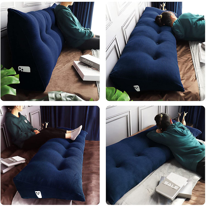 Large Triangular Headboard Reading Wedge Backrest Pillow for King Bed or Daybed, Navy