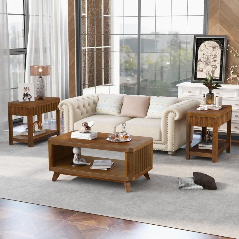 Ensemble de tables basses rectangulaires, 3 pièces avec pieds en bois massif, 1 table basse et 2 tables de bout, ensemble de tables basses en bois