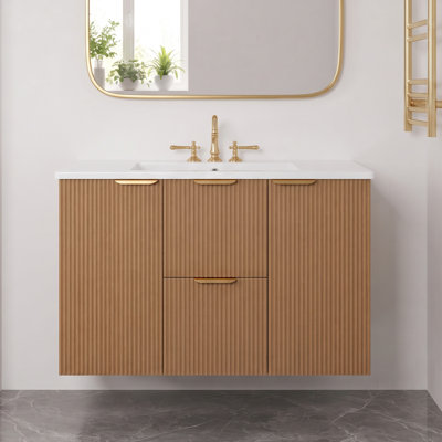 Meuble-lavabo mural simple 36 po avec comptoir en céramique 36 po, armoire de rangement moderne en panneau de fibres à densité moyenne, portes à fermeture en douceur et tiroirs divisés pour salle de bain d'invité et principale