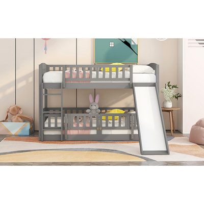 Lit superposé avec glissade, lit superposé bas avec clôture et échelle pour enfants adolescents