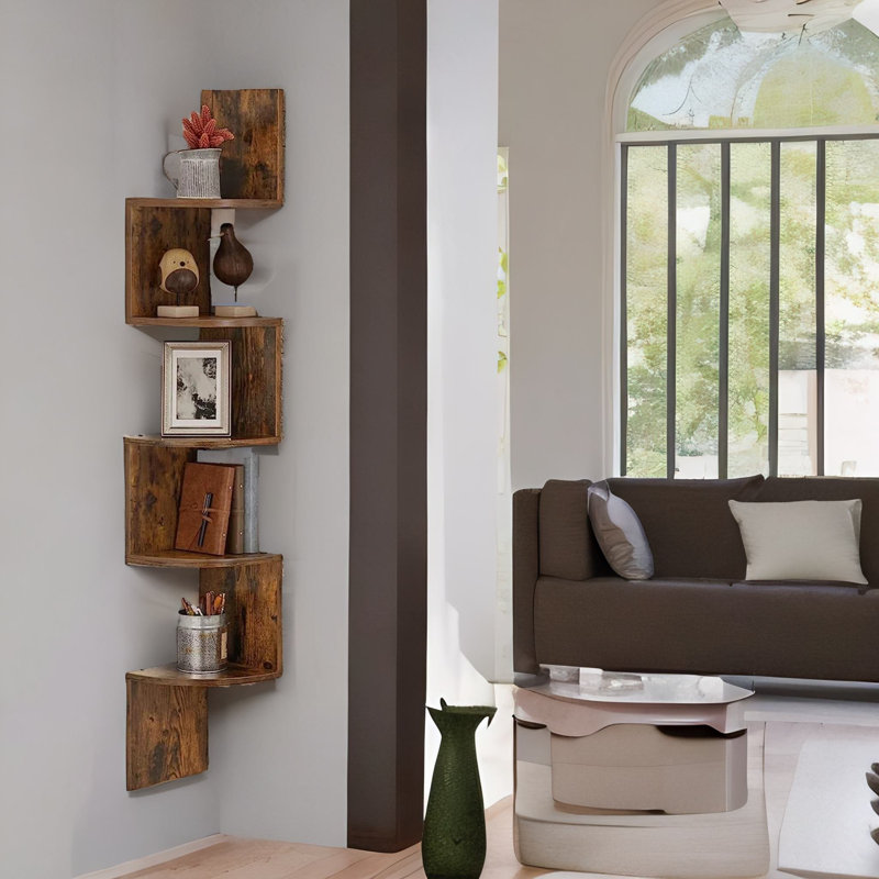 Mykya Rustic 5 Tier Floating Corner Shelf Industrial Rustic Brown Home Furniture
