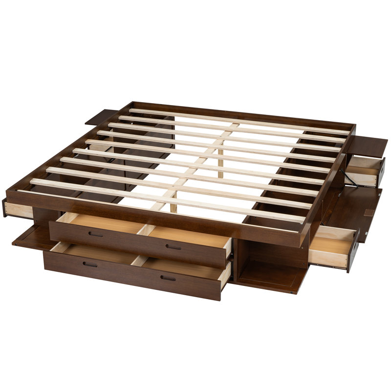 Structure de lit plateforme de rangement avec plusieurs tiroirs et tablettes sans sommier, Noyer, Très grand lit