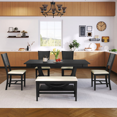 Ensemble de salle à manger 6 pièces en bois massif gris moderne, table rectangulaire, 4 chaises et banc avec dossier en forme de voûte
