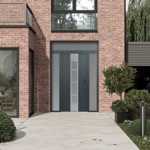 Diamond A10 Panel Silver Steel Prehung Front Entry Door With Two Sidelites And Transom