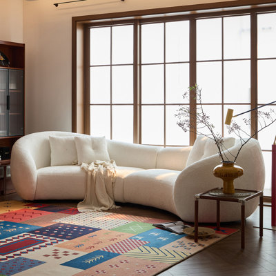 130" Organic Modern Curved Sofa, 3D Cut Chenille Upholstered Modular Sectional, Off-White