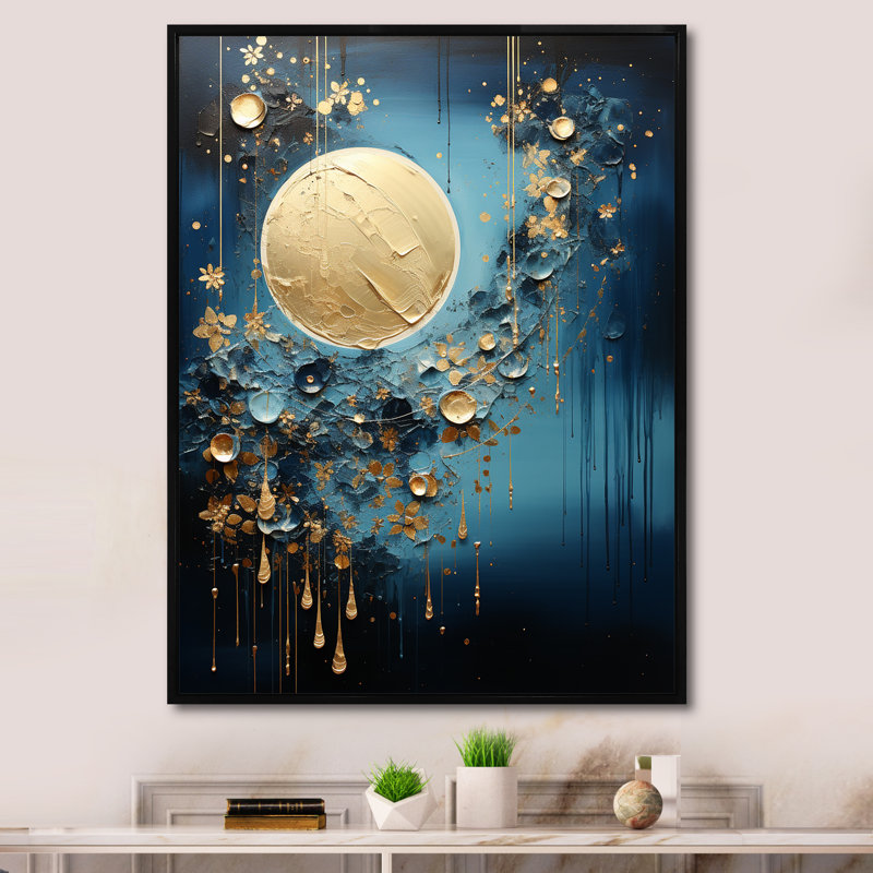 Lune bleu et or cycle céruléen Dreams IV, Cadre flottant noir, 44" H x 34" W