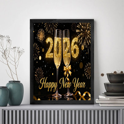 Black Framed 2026 New Year Wall Art Gold Glitter Champagne Glamorous Festive Frame Print