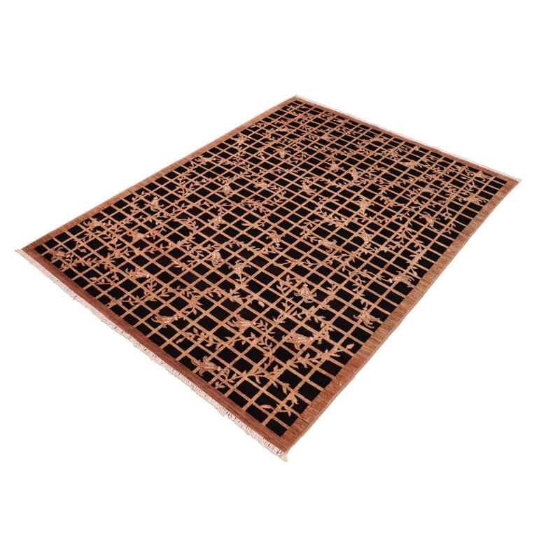 Tapis brun / noir en laine noué à la main à motif floral 6 pi 2 po x 8 pi 9 po Kellyanna