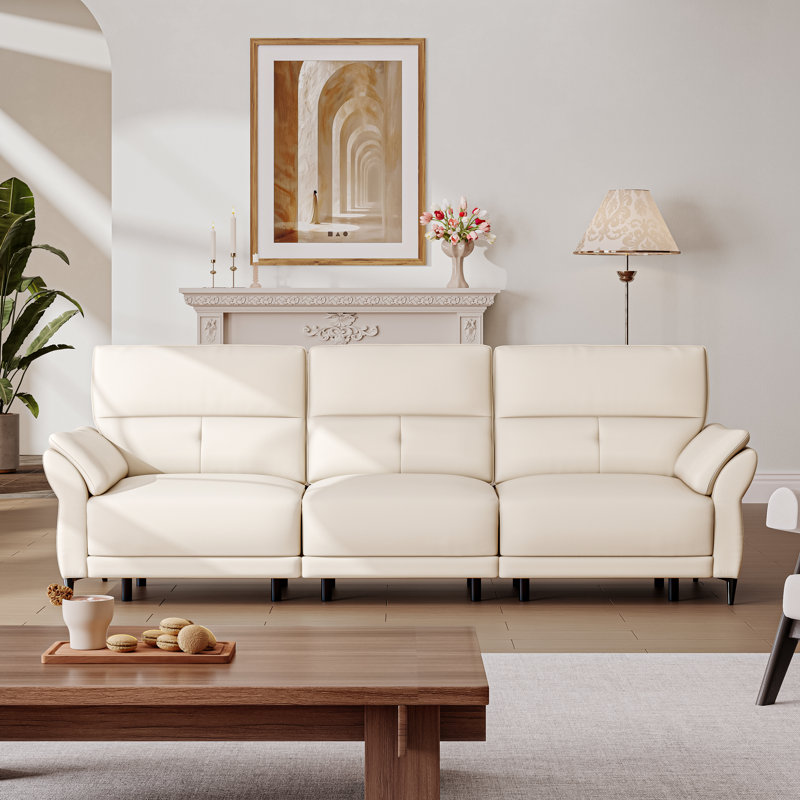 Beige Full Grain Leather Power Reclining Sofa Couch with Dual Motor, Modern 3 Seat Recliner Sectional Sofa with Console and USB Ports for Living room Bedroom
