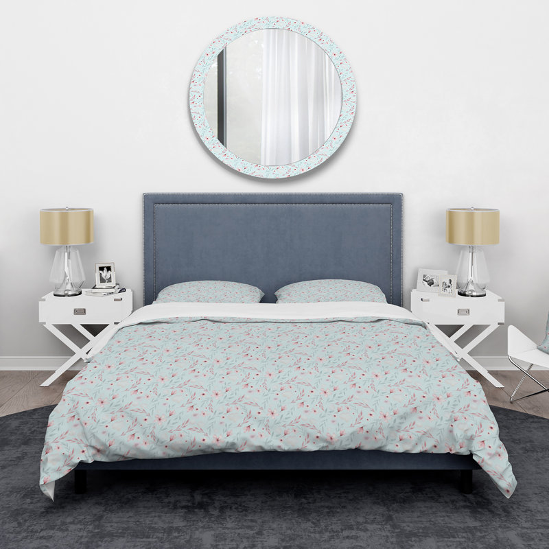 Fleurs de saule rose sur fond bleu clair - ensemble de housse de couette bohémien - microfibre de polyester