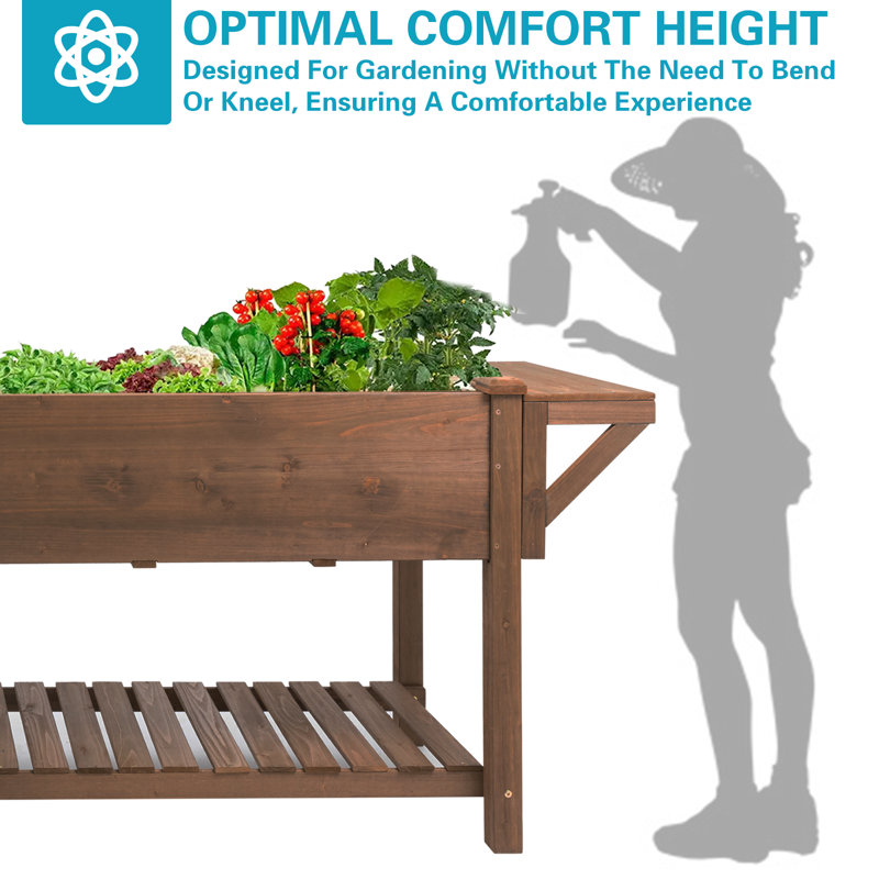 Wooden Elevated Planter With Storage Shelf, Slide Table