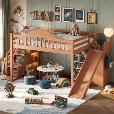 Full Size Wood Loft Bed with Storage Stairs, Slide and Built-in Wardrobe, High Guardrail Bed Frame for Kids and Teens