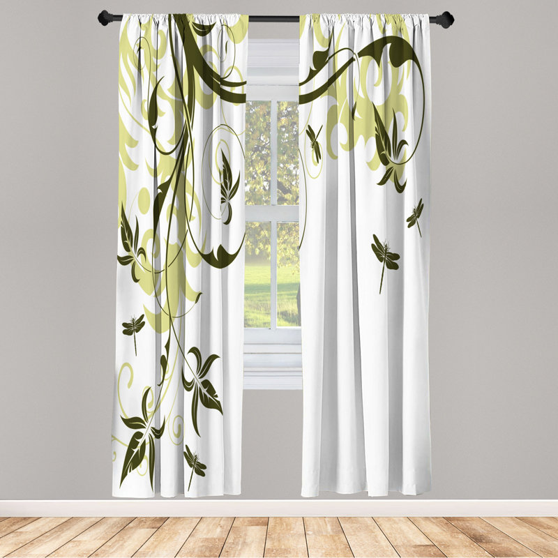 Microfiber Floral Semi-Sheer Rod Pocket Curtain Panels, 28" W x 63" L, White/Green