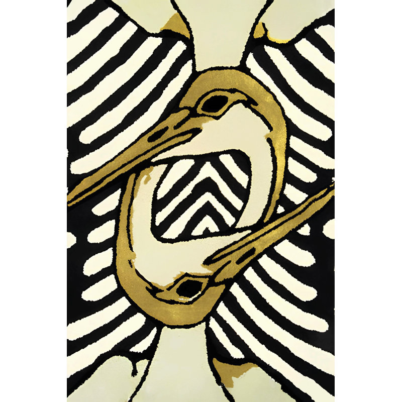 Tapis décoratif noir et beige à motif d'oiseaux surréalistes, Rectangle 4 pi 11,06 po x 7 pi 6,55 po