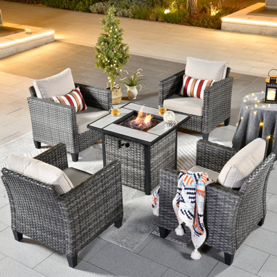 Lovall Rattan Wicker 4 - Person Seating Group with Fire Pit and Cushions by Ebern Designs