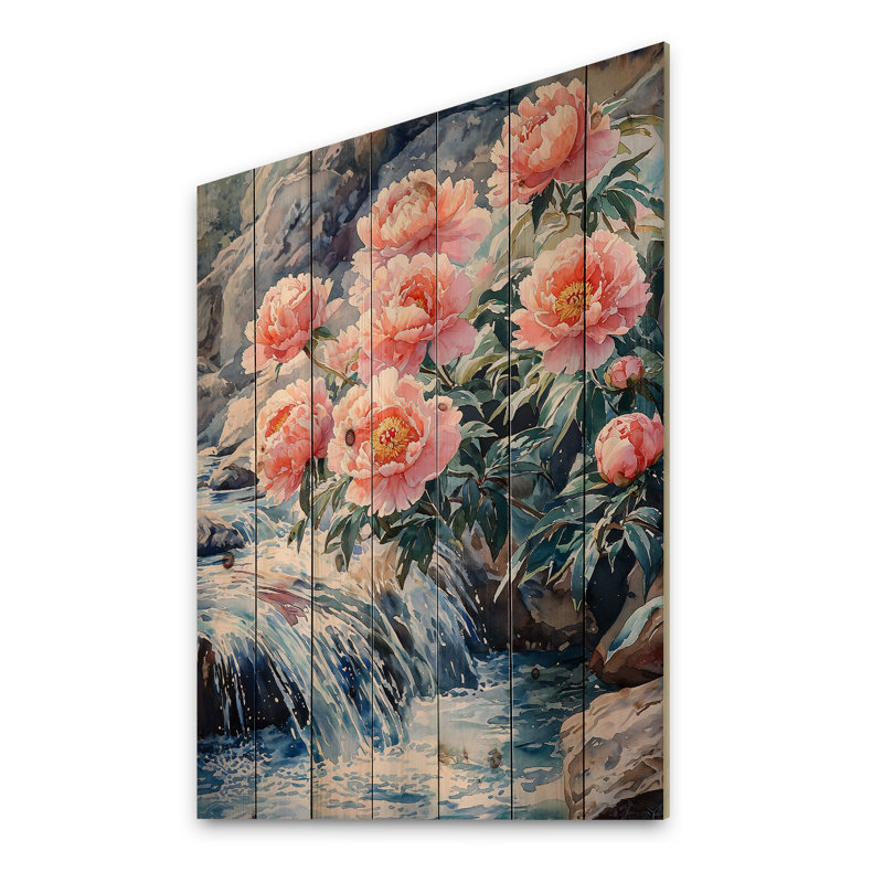 Pivoines hivernales et la rivière Glacier III - Décoration murale en bois de pivoines - sur bois de pin naturel