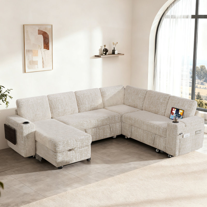 Canapé modulaire coulissant de 110 po avec table d'appoint, porte-gobelets, ports de charge, Beige