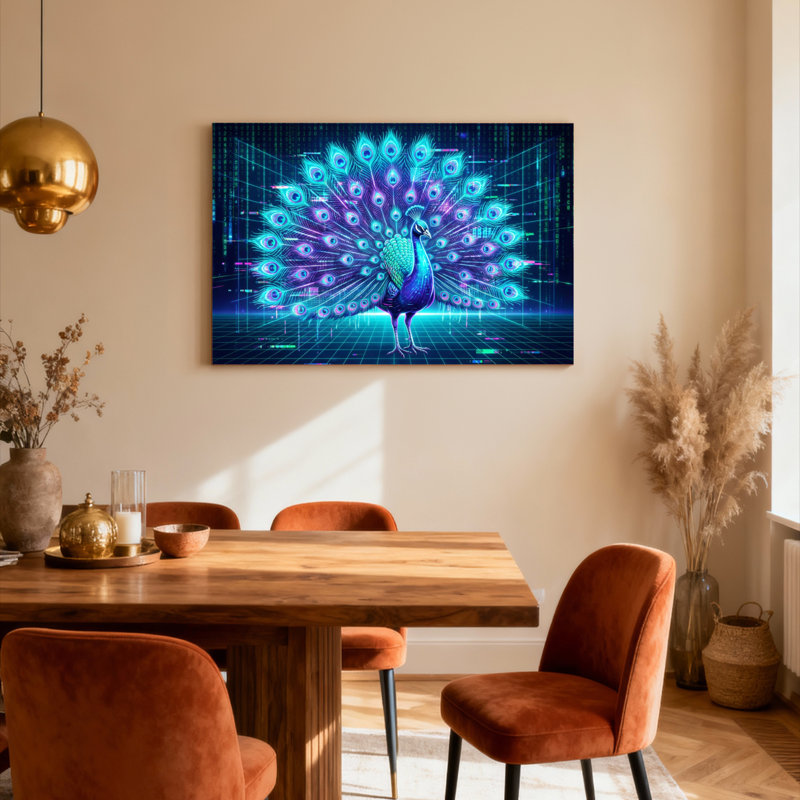 Ensemble de 1 tableau sur toile tendue représentant un paon sur fond numérique, H 12 po x l 18 po
