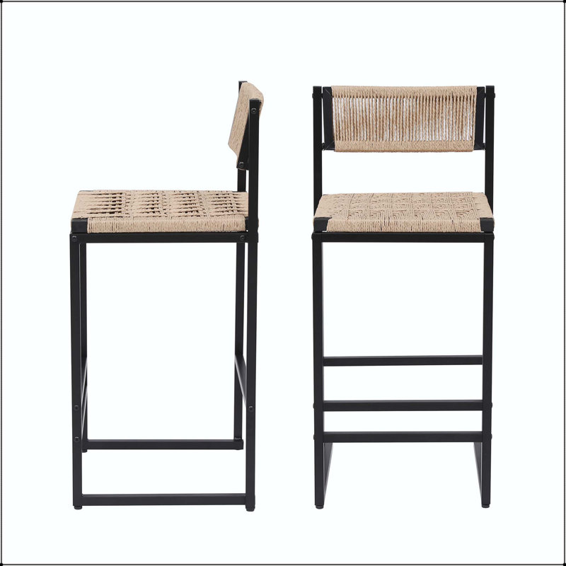 Tabouret de bar en papier tissé - Structure en métal noir avec siège tissé miel