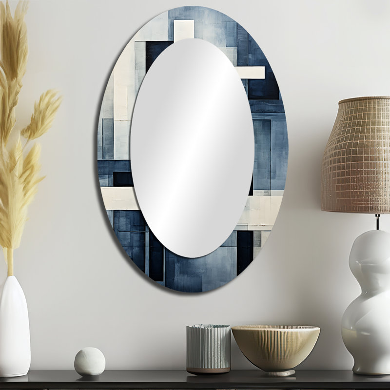 Indigo Illusion Abstract Shapes III - Abstract Oval Decorative Mirror On Metal, 36" x 24"