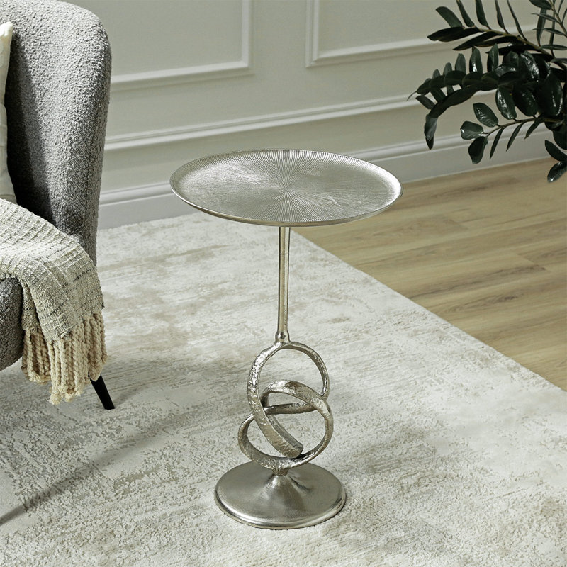 Round Metal End Table for Living Room Furniture, 60cm Tall Sofa Side Table, Accent Table, Nickel, Silver