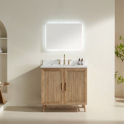 Ensemble de meuble-lavabo autoportant de 36 po entièrement assemblé en bois massif avec plateau blanc d'ingénierie