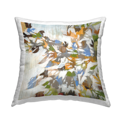 Coussin décoratif à motif abstrait d'oiseaux sur des branches par Liz Jardine