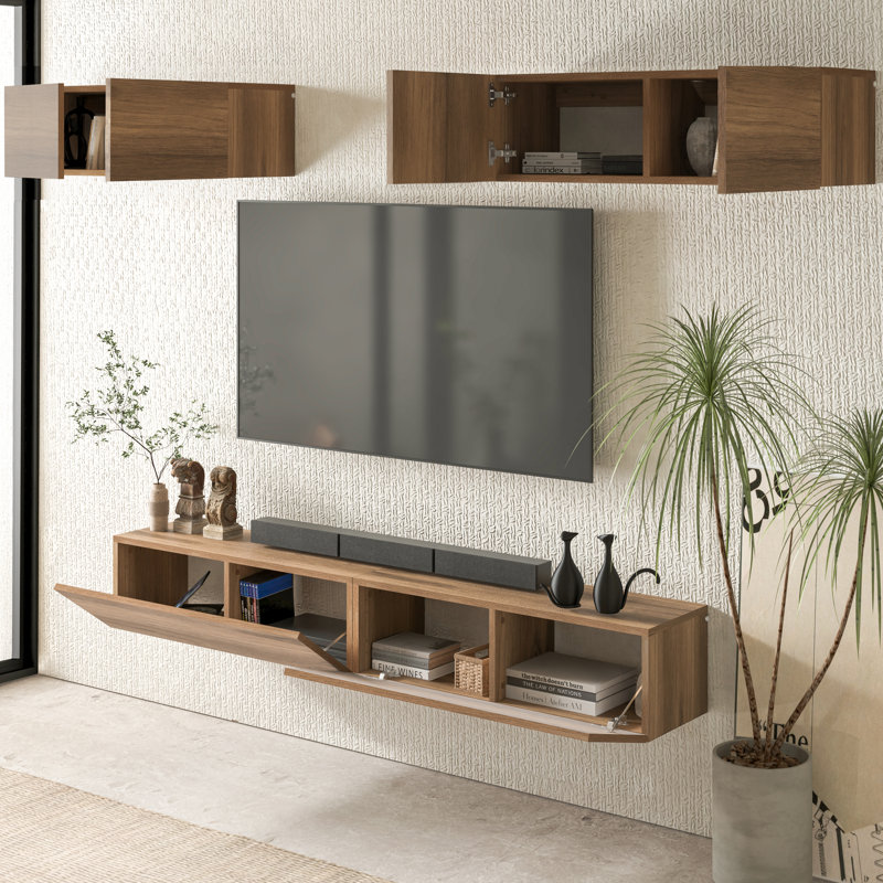 4-Piece Wall Mounted Floating Entertainment Center In Walnut – Tv Console With Staggered Upper Wall Cabinets, Modern Media Storage